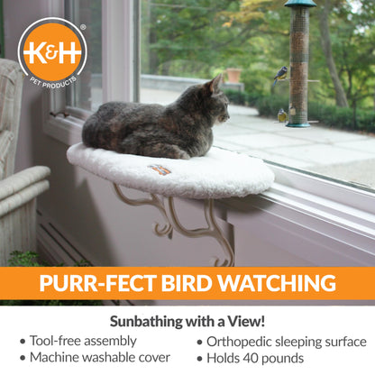 K&H Pet Products Kitty Sill Cat Window Perch for Large Cats, Orthopedic Window Hammock Bed Holds 40LBS, Washable Cover, Kitty Windowsill Bed Seat for Indoors - Cream Fleece, Unheated, 14 X 24in