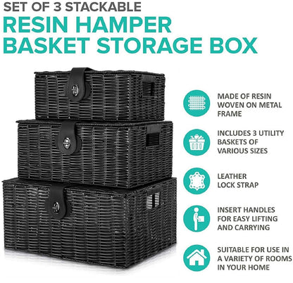 Homepeaz Set of 3 Woven Storage Basket Box Wicker Hamper Stackable Bin with Lid & Lock, Built-in Carry Handles, Organizer for Nursery, Baby Closet, Diaper, Toys, Home, Office, Laundry, DVD (Black)