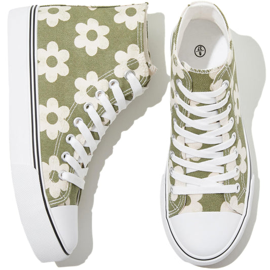 kufeiti Women's High Top Sneakers Canvas Shoes Lace up Green Sneakers Casual Walking Shoes (Olive, US8)