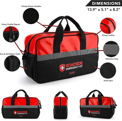 Kitgo Car Emergency Kit,Premium Roadside Assistance Essentials with Jumper Cables, Flashlight, Shovel, Screwdriver Set - Ideal Auto Road Safety Kit, Survival, Truck, RV and More Gift for Father (Red)