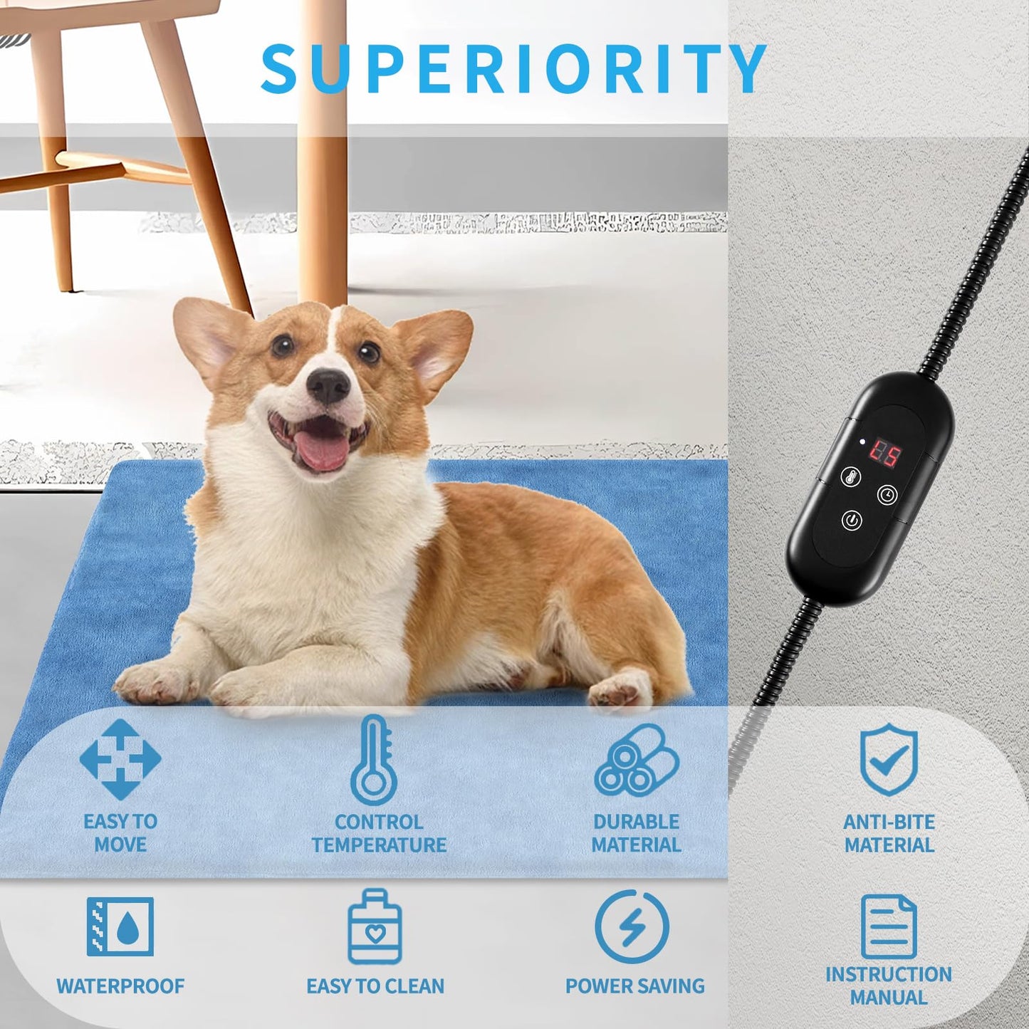 KEKELAN Pet Heating Pad for Cats, Indoor Outdoor Waterproof Electric Heated Pad Mat for Dogs with Chew Resistant Cord,5 Timer and 6 Level Temperature Pet Bed Warmer-17.7x17.7