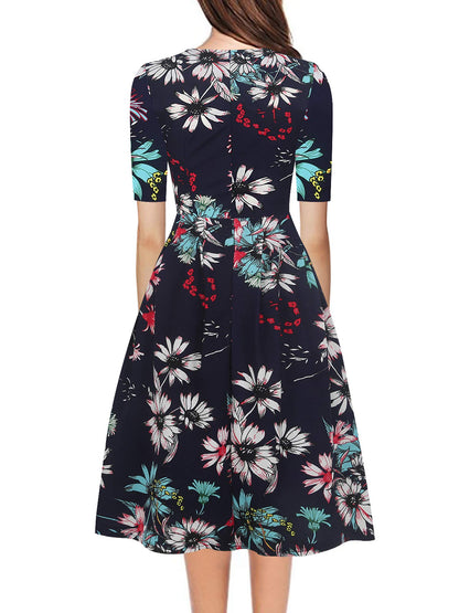 oxiuly Womens Half Sleeve Elegant Vintage Dress Casual Fit and Flare Church Wedding Guest Work Dresses with Pockets OX165 (Navy Blue F, m)