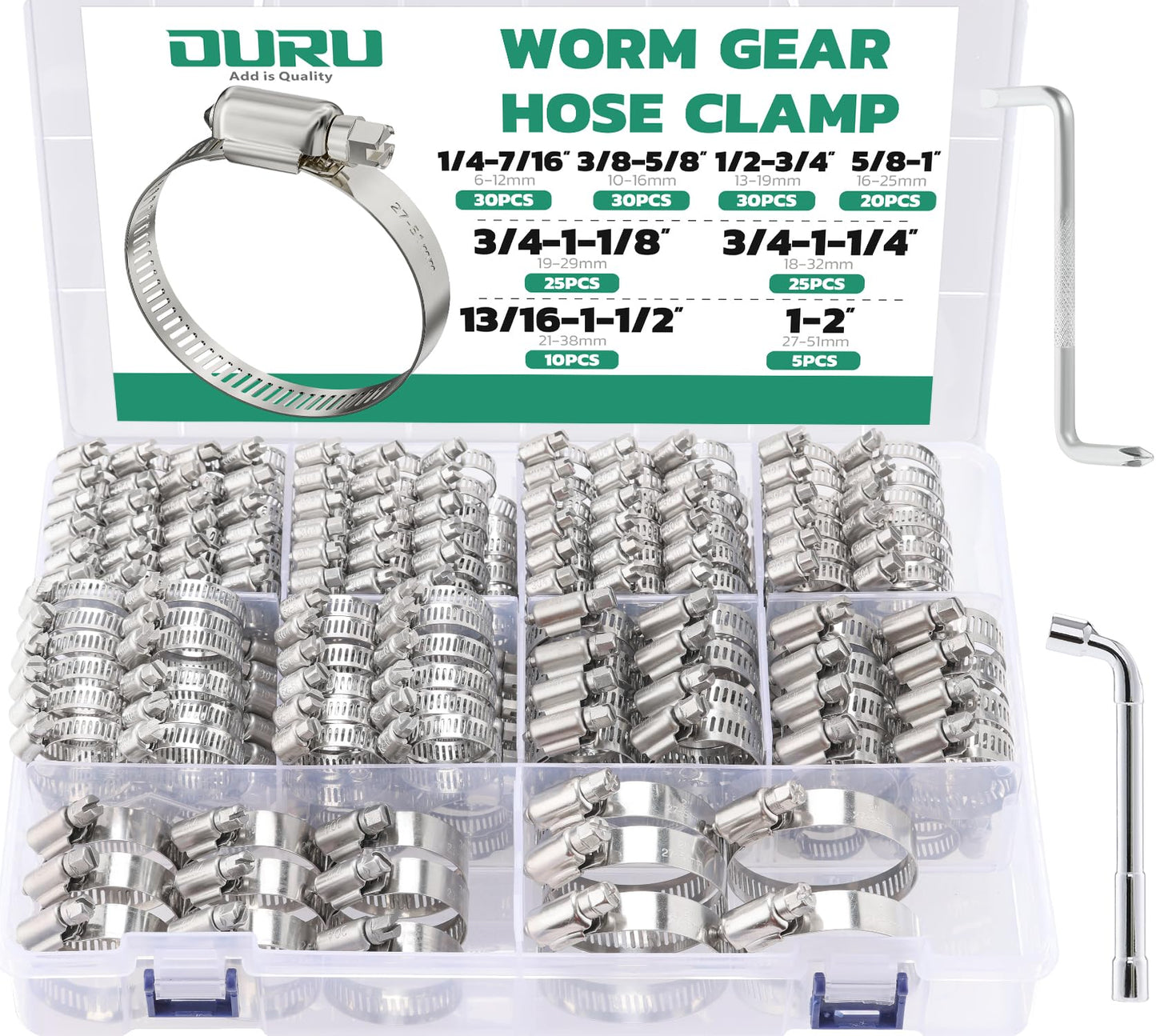 OURU 175PCS Hose Clamps Stainless Steel Assortment Adjustable 1/4"-2"(6-51mm) Worm Gear Hose Clamp, Heavy Duty Metal Small Hose Clamps for Automotive, Pipe, Radiator Plumbing, Fuel Line