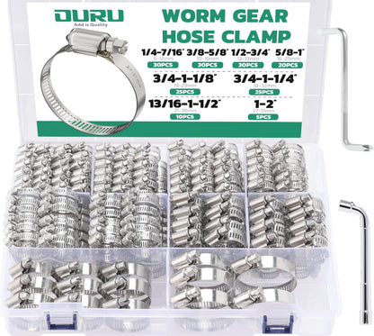 OURU 175PCS Hose Clamps Stainless Steel Assortment Adjustable 1/4"-2"(6-51mm) Worm Gear Hose Clamp, Heavy Duty Metal Small Hose Clamps for Automotive, Pipe, Radiator Plumbing, Fuel Line