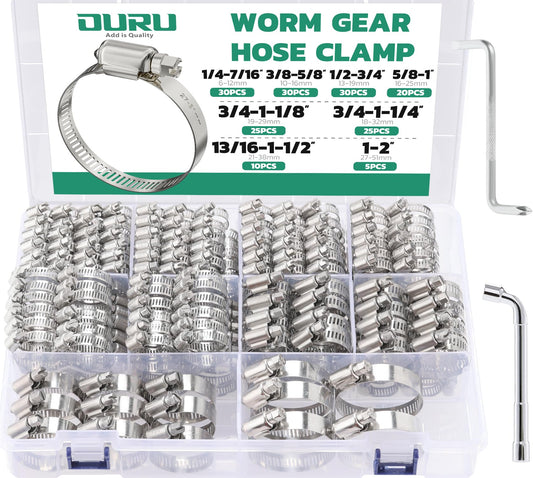 OURU 175PCS Hose Clamps Stainless Steel Assortment Adjustable 1/4"-2"(6-51mm) Worm Gear Hose Clamp, Heavy Duty Metal Small Hose Clamps for Automotive, Pipe, Radiator Plumbing, Fuel Line