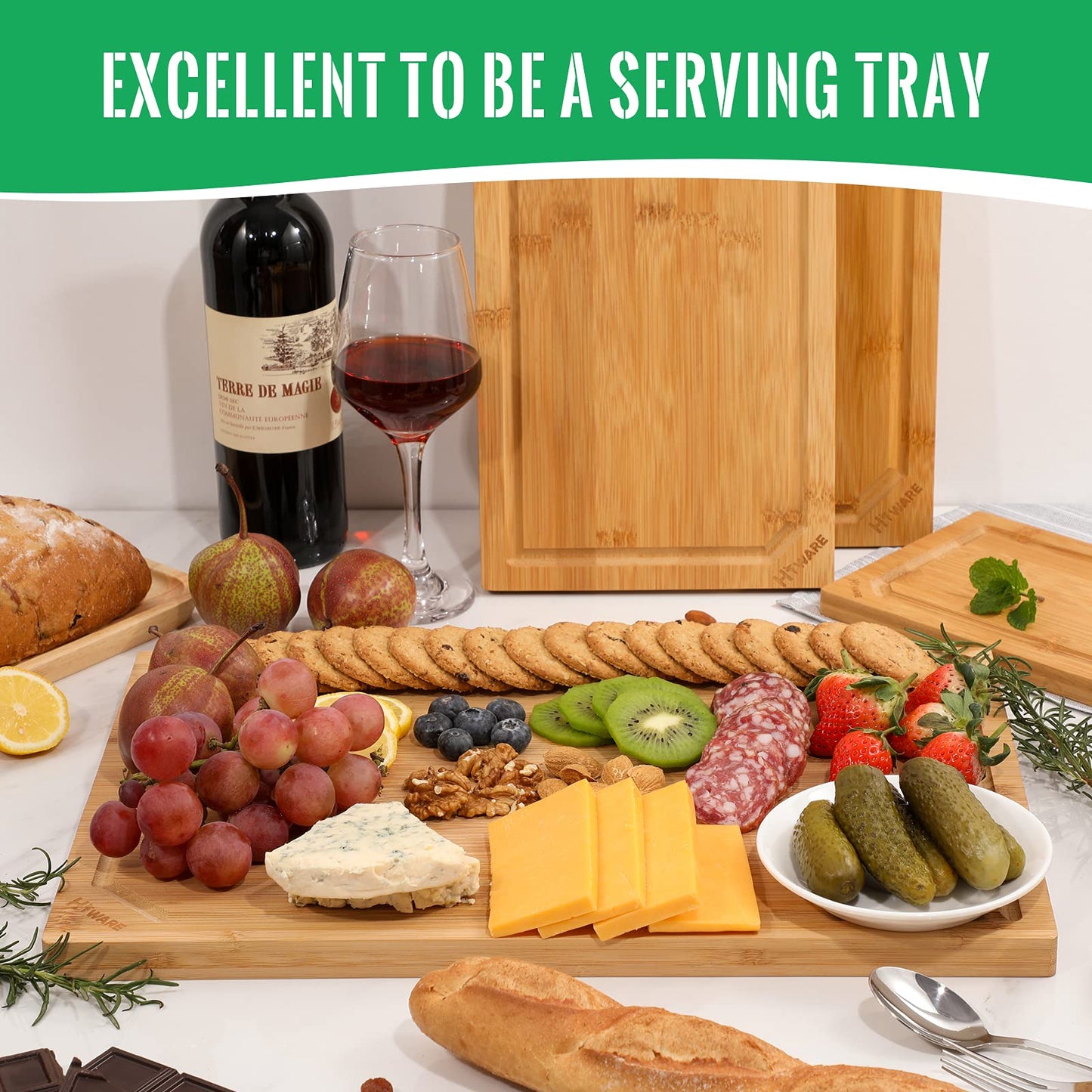 Hiware Extra Large Bamboo Cutting Board for Kitchen, Heavy Duty Wood Cutting Board with Juice Groove, 100% Organic Bamboo, Pre Oiled, 18" x 12" x 0.6"