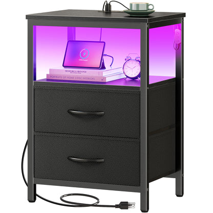 Huuger Night Stand with Charger Station and LED Lights, 2 Drawer Nightstand, Bed Side Table with Open Shelf, End Table, Fabric Dresser for Bedroom, Black