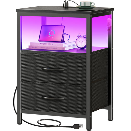 Huuger Night Stand with Charger Station and LED Lights, 2 Drawer Nightstand, Bed Side Table with Open Shelf, End Table, Fabric Dresser for Bedroom, Black
