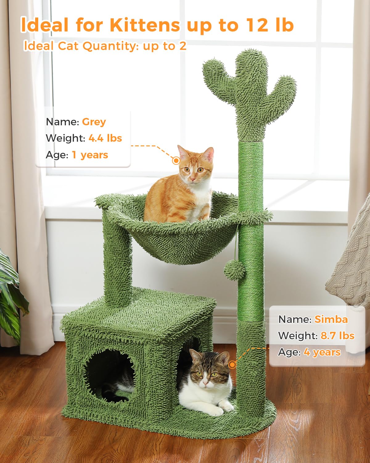 MUTTROS Cactus Cat Tree 40" Cat Tower with Large Metal Carpet Hammock, Cat Scratching Post for Indoor Cats with Condo & Replaceable Toy Ball, Green