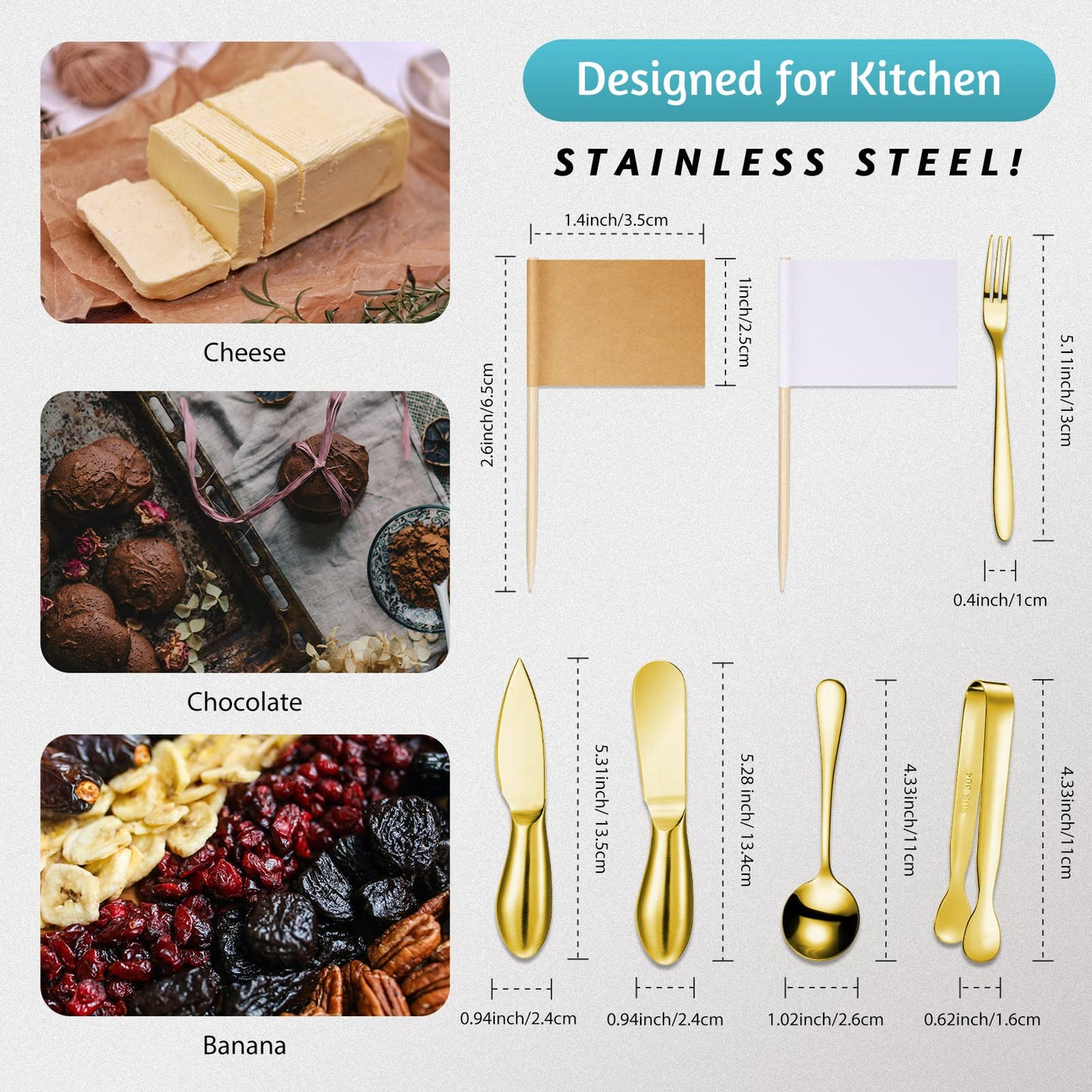 Patelai Charcuterie Board Accessories Cheese Spreader Knife Set Charcuterie Utensils Butter Knife Stainless Steel Mini Serving Tongs Spoons Appetizer Forks for Pastry Christmas(Golden,20 Pieces)