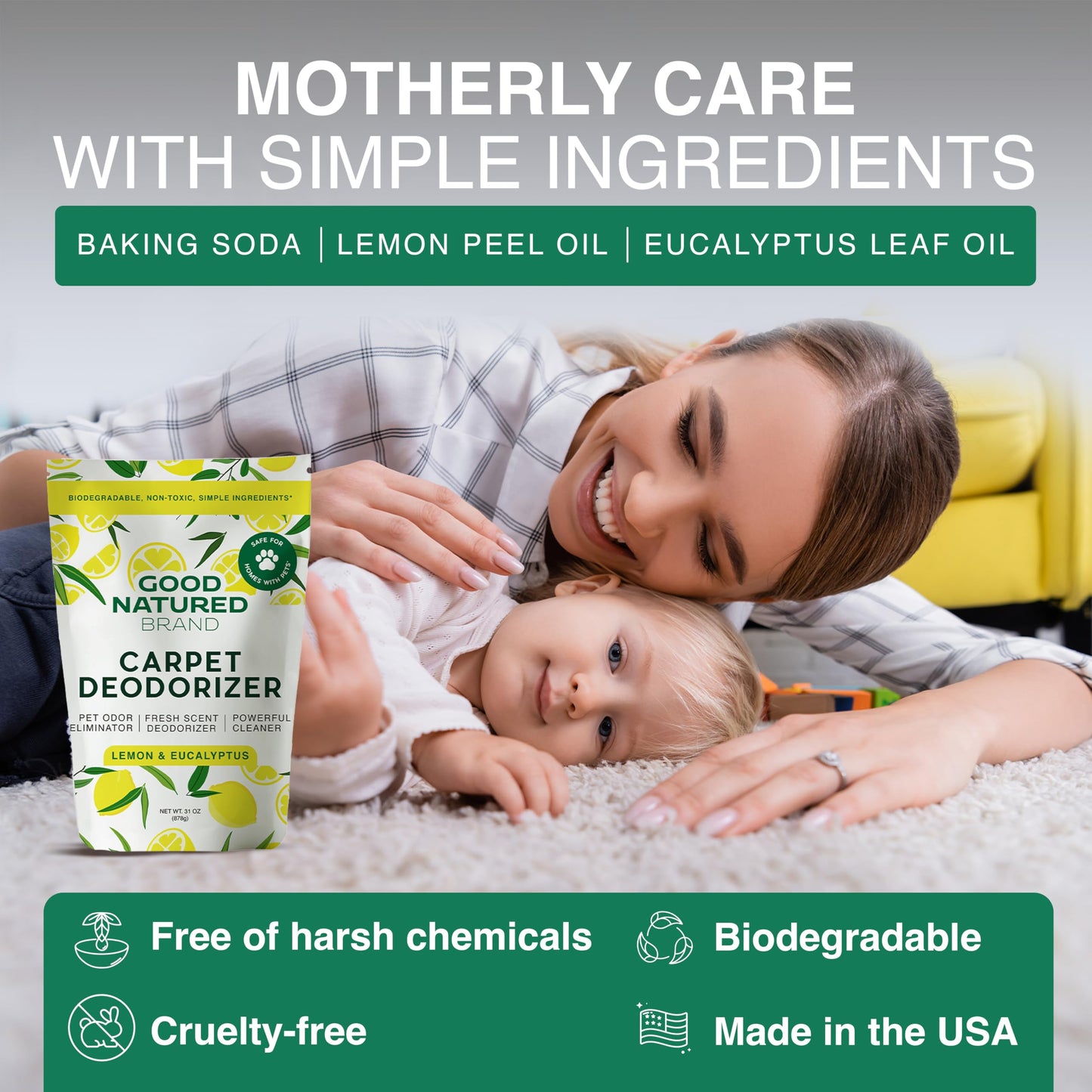 Good Natured Brand | Carpet Deodorizer & Freshener Powder | 31 oz Pet Odor Eliminator for Strong Odor & Pet Urine | Fresh Natural Lemon & Eucalyptus Scent | Safe for Homes with Pets
