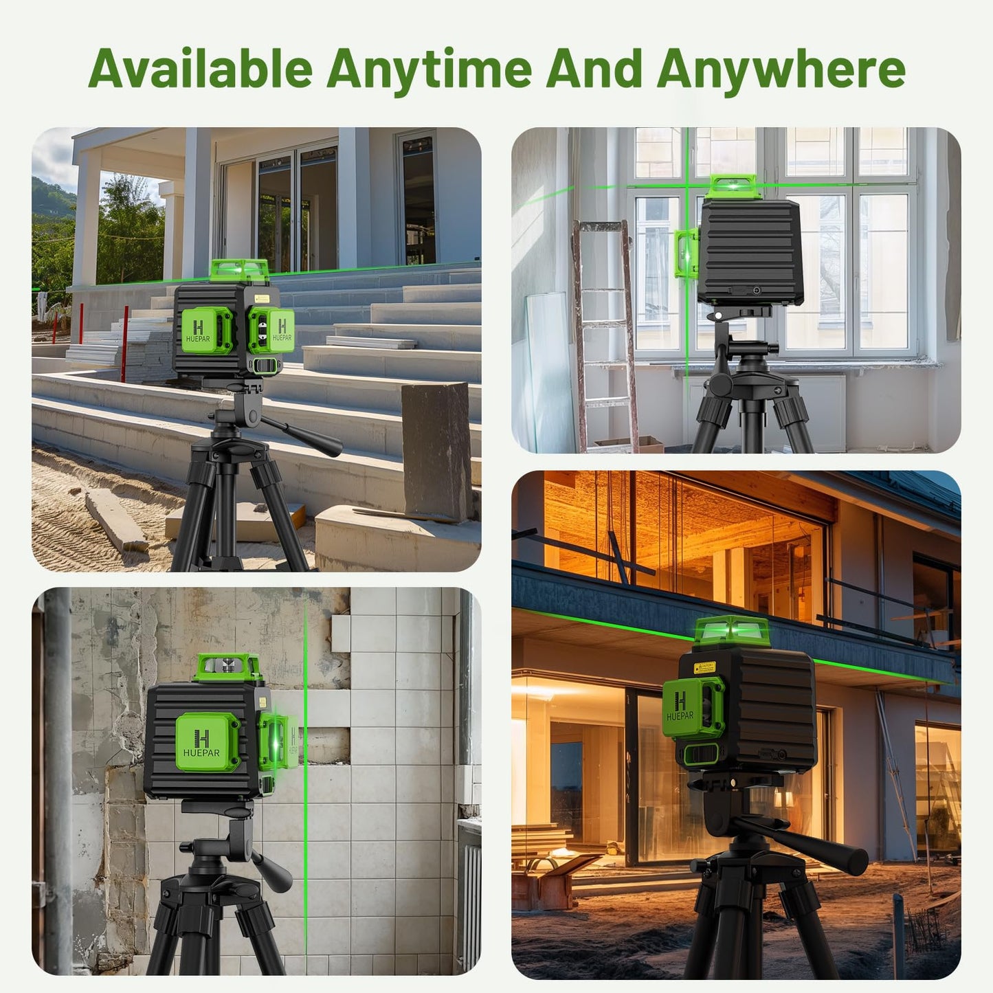 Huepar Laser Level 360 Self Leveling, 3 x 360° High Brightness Cross Line Laser for Construction and Picture Hanging, 12 Green Laser Level Tool with 5200 mAh Rechargeable Battery & Hard Carry Case
