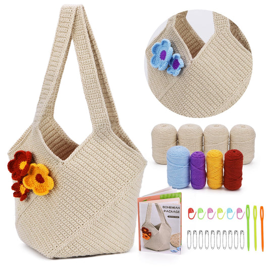 Pnytty Crochet Bag Kit for Beginners Complete Starter Set with Yarn, Hook & Step-by-Step Video Tutorials DIY Shoulder Bag Crafting Gift for Adults (Beige)