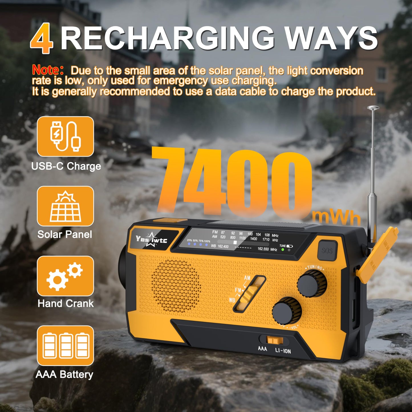 Hand Crank Emergency Radio NOAA Weather Radio 7400mWh Battery Operated 3 in 1 Charging Cable Hand Crank Charger with AM FM Portable Solar Powered Radio for Winter Storm Hurricane Survival Gear