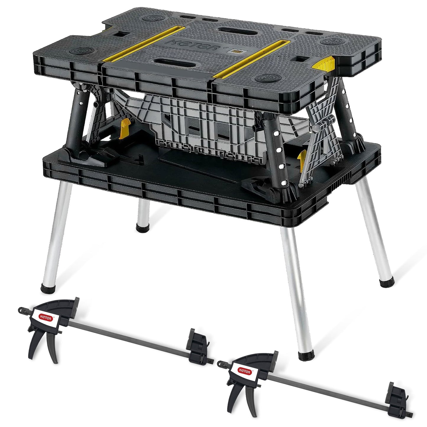 Keter Folding Work Table, Portable Workbench w/ 12" Clamps for Garage/Wood Shop - Heavy-Duty and All-Weather for DIY Home Improvements and Worksites