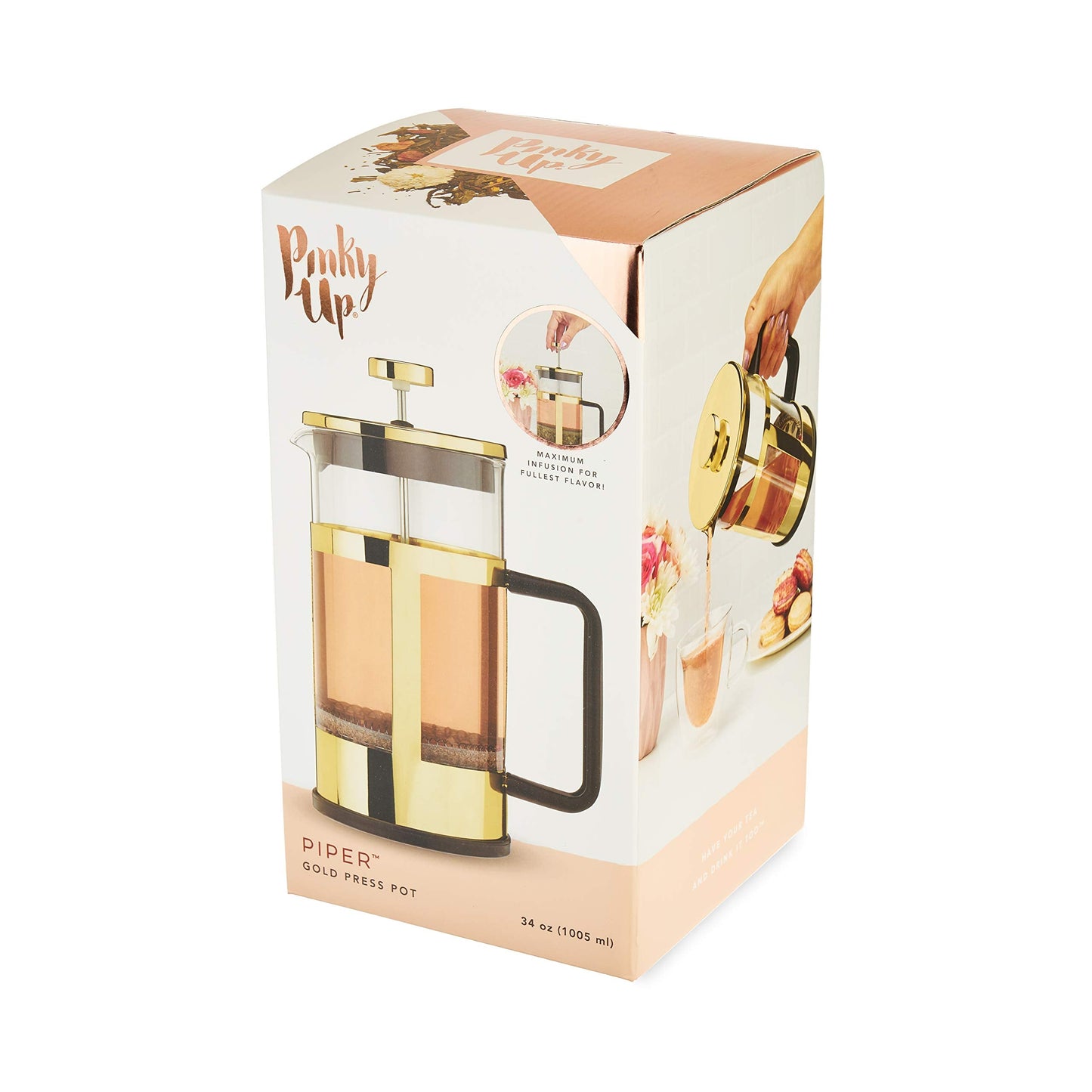 Pinky Up Piper Stainless Steel French Press Coffee Maker, Borosilicate Glass Tea Press for Loose Tea, Stylish, Durable & Easy to Clean, Sleek Design, Coffee Bar Accessories, 34 oz, Gold