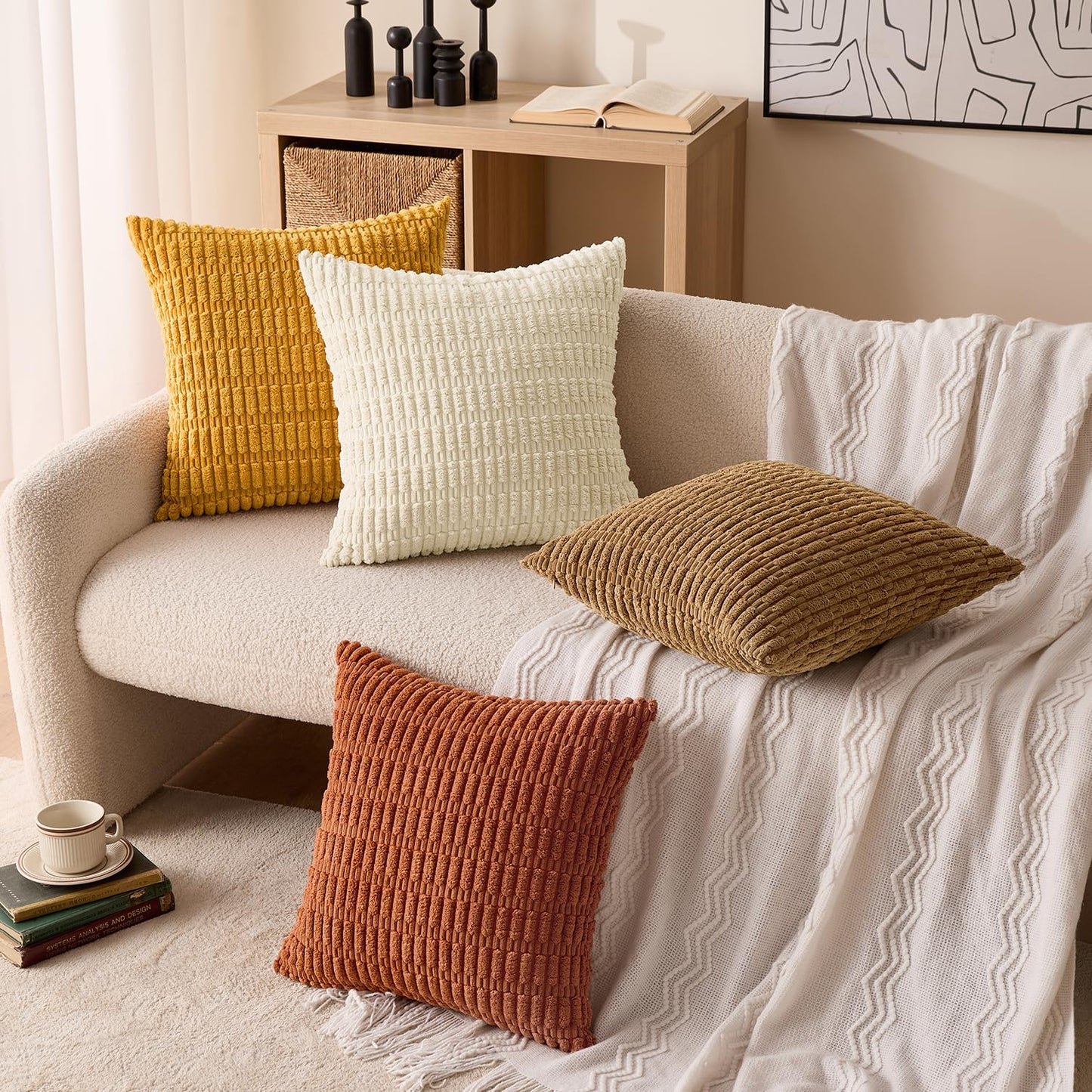 MIULEE Fall Soft Corduroy Throw Pillow Covers Set of 4 Camel 20x20 Inch Modern Farmhouse Boho Decorative Accent Cushion Covers for Couch Sofa Bedroom