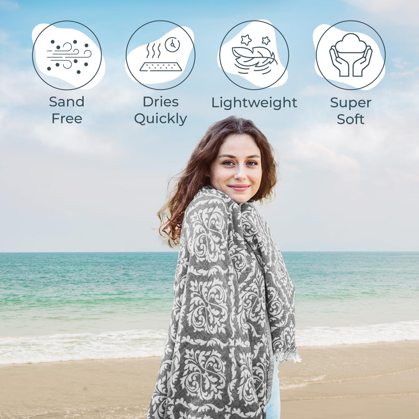 Mebien touche de la nature Premium Turkish Beach Towel – 35"x67" – 100% Cotton – Quick Dry Towel & Sand Free – Renaissance Black – Ideal for Travel & Pool