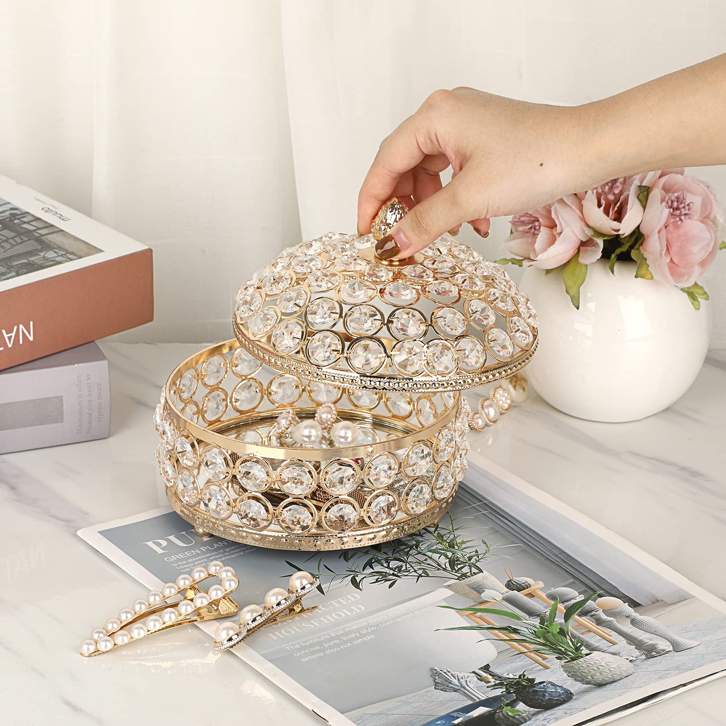 Hipiwe Crystal Jewelry Box Jewelry Trinket Organizer Box Gold Treasure Box Luxury Home Decor Ring Earrings Storage Holder Keepsake Box for Women,X-Large