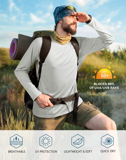 Roadbox Mens UPF 50+ UV Sun Protection Shirts Outdoor Long Sleeve SPF Diving Rash Guard for Fishing Hiking Swimming Grey