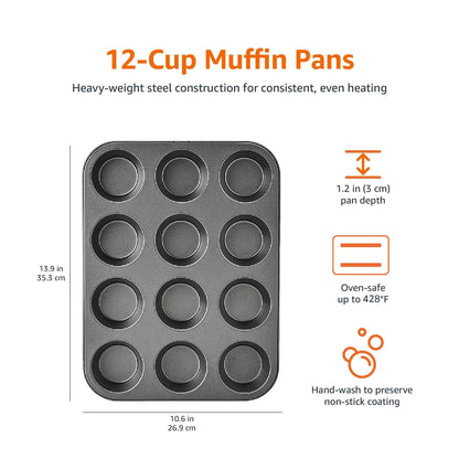 Amazon Basics Nonstick Round Muffin Baking Pan, 12 Cups, Set of 2, Gray, 13.9x10.55x1.22"