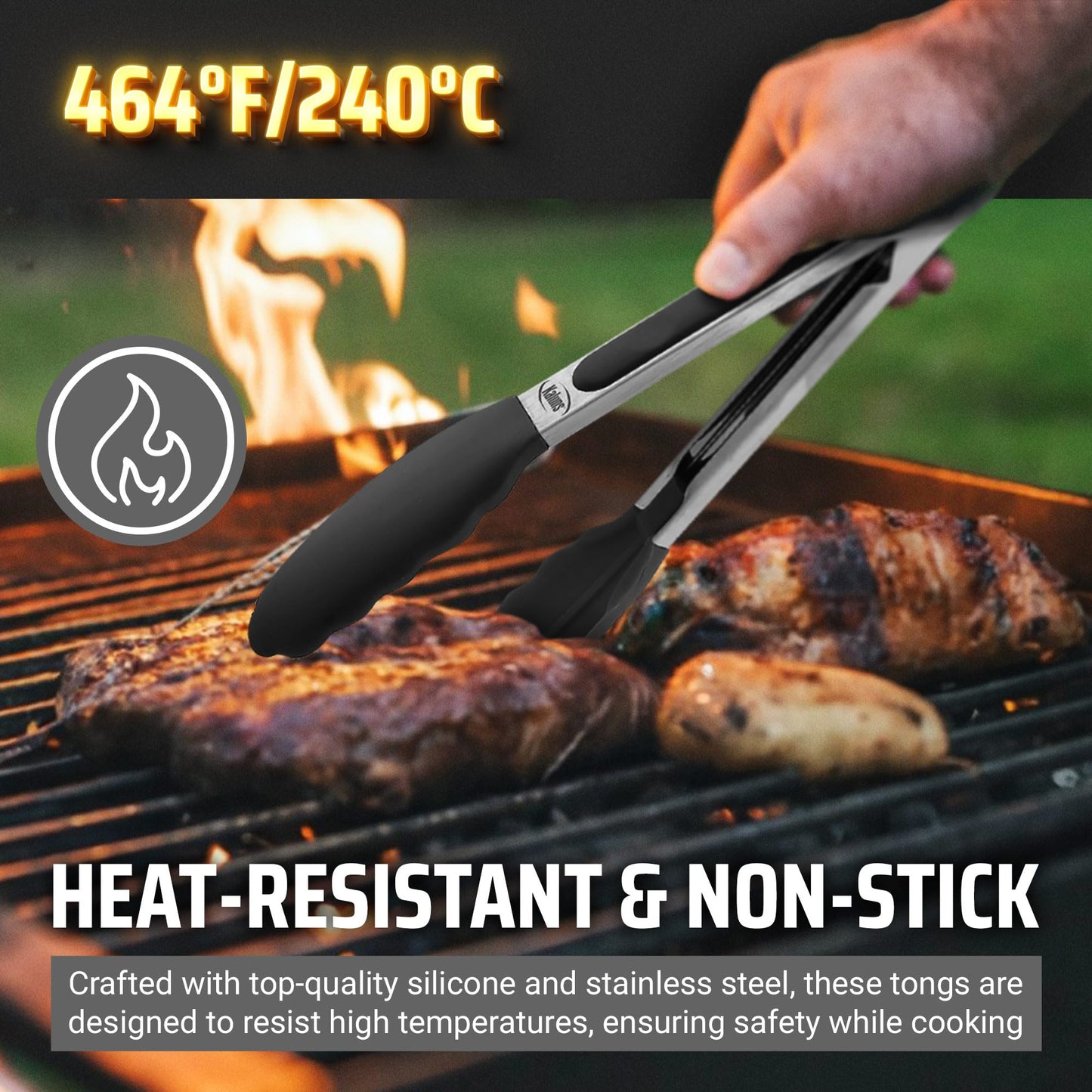 Kaluns Kitchen Tongs for Cooking Grilling Set of 4, BBQ Grill Tongs With Silicone Tip Stainless Steel Heat Resistant, Non-stick Pull Lock, Incl 7, 9, 12 Inch Tong Plus a Silicone Spatula