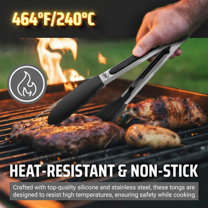 Kaluns Kitchen Tongs for Cooking Grilling Set of 4, BBQ Grill Tongs With Silicone Tip Stainless Steel Heat Resistant, Non-stick Pull Lock, Incl 7, 9, 12 Inch Tong Plus a Silicone Spatula
