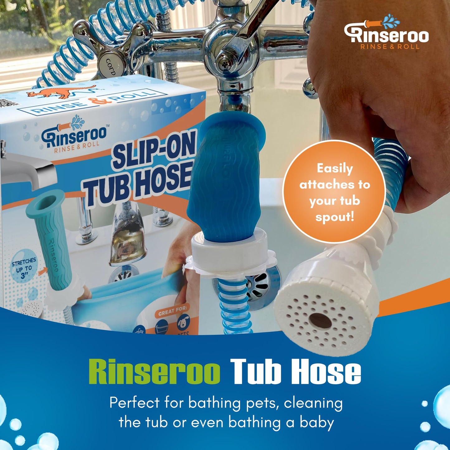 Rinseroo Slip-On Bathtub Faucet Sprayer Attachment. Ultra-Flex Dog Shower Adapter Portable With Pet Showerhead. Attach to Tub Spout 5 Foot Hose. No Install for Speedy Washing