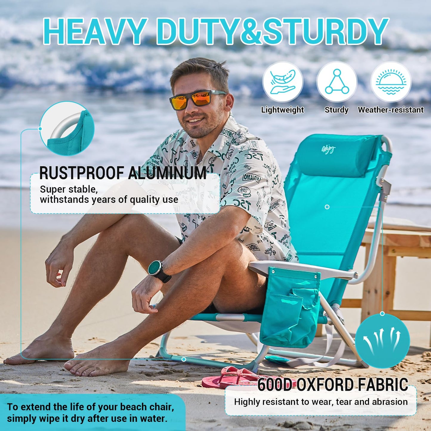 #WEJOY Lightweight Low 2 Pack Beach Chair for Adults, 4-Position Aluminum Folding Camping Chairs with Backpack Strap, Cup Holder and Padded Headrest, Supports 265lbs for Lawn Outdoor Cyan