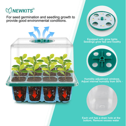 NEWKITS Seed Starter Tray with Grow Light, Seed Starter Kit, Plant Germination Starting Trays with Humidity Dome and Base for Greenhouse Grow Wheatgrass Hydroponic(12 Cells per Tray)(with Grow Lights)