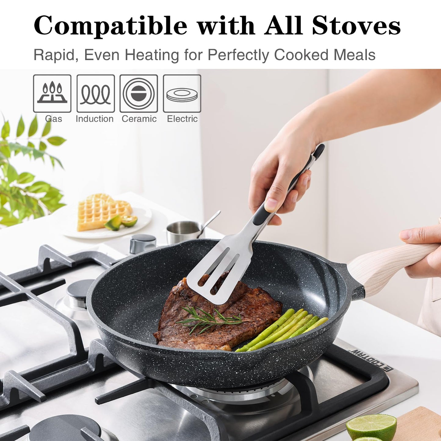 Kordisen Nonstick Frying Pan Set with Lids, 3 Piece Skillet Set, Healthy Induction Cooking Pan, Stay-Cool Handle, Compatible with All Stovetops, PFOA Free (8, 9.5, 11 Inch)