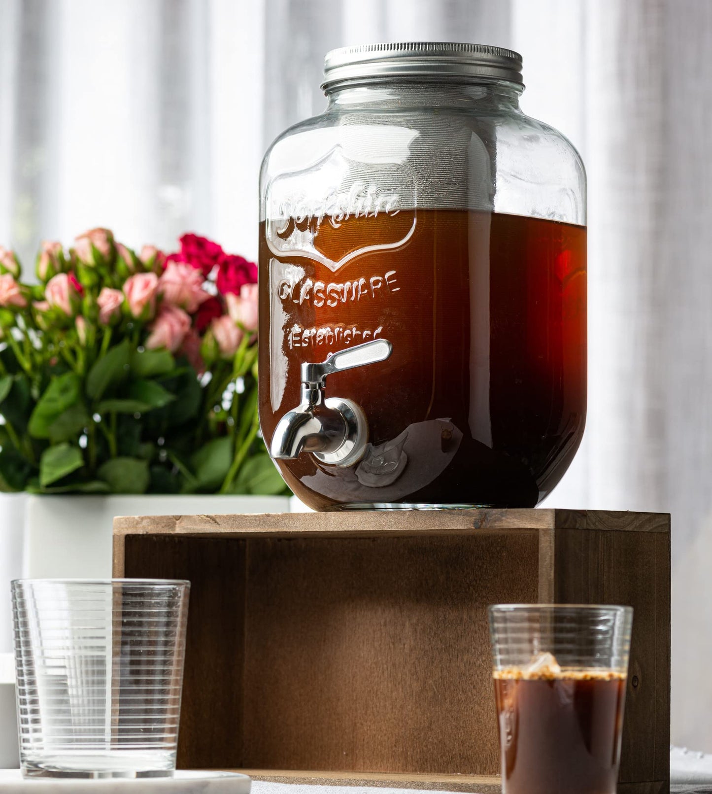 1 Gallon Cold Brew Coffee Maker - 3rd Generation Fine Mesh Filter - Stainless Steel Spigot - Extra Thick Large Glass Mason Jar Drink Dispenser Carafe, Iced Coffee Maker & Sun Tea Pitcher with Infuser.