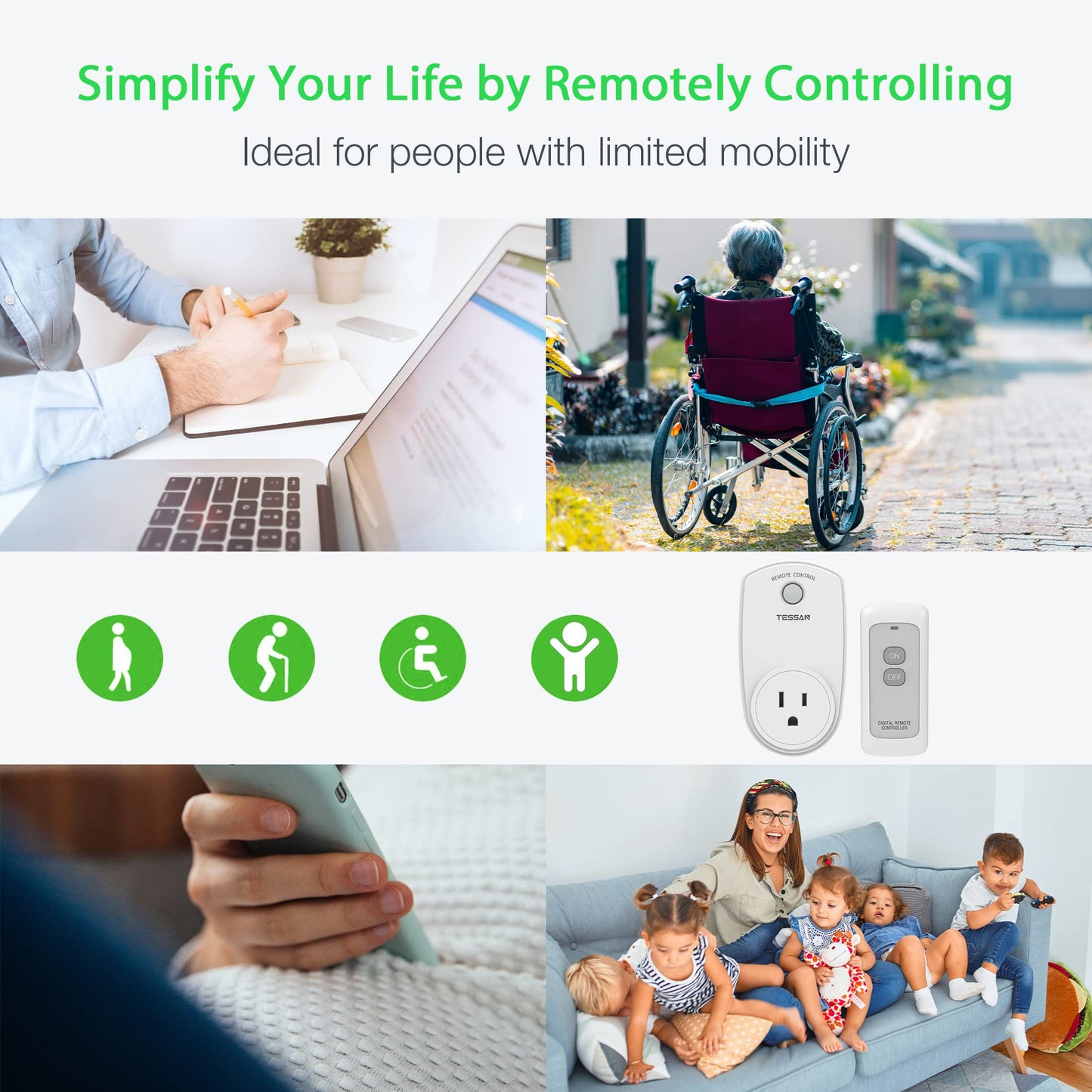 Remote Control Outlet, TESSAN Wireless Electrical Plug Switch for Lights, Lamps, Fans, 100ft RF Range, 1200W (1 Remote + 1 Outlet)