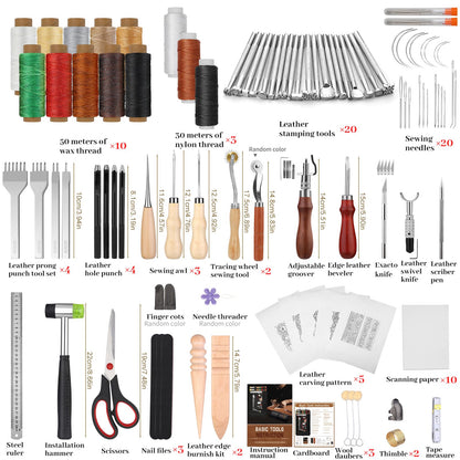 QMNNMA 102PCS Leather Working Tools Leather Tool Kit with Custom Storage Bag, Leather Carving Tools Leather Working Kit for Sewing Carving Cutting Punching Stamping