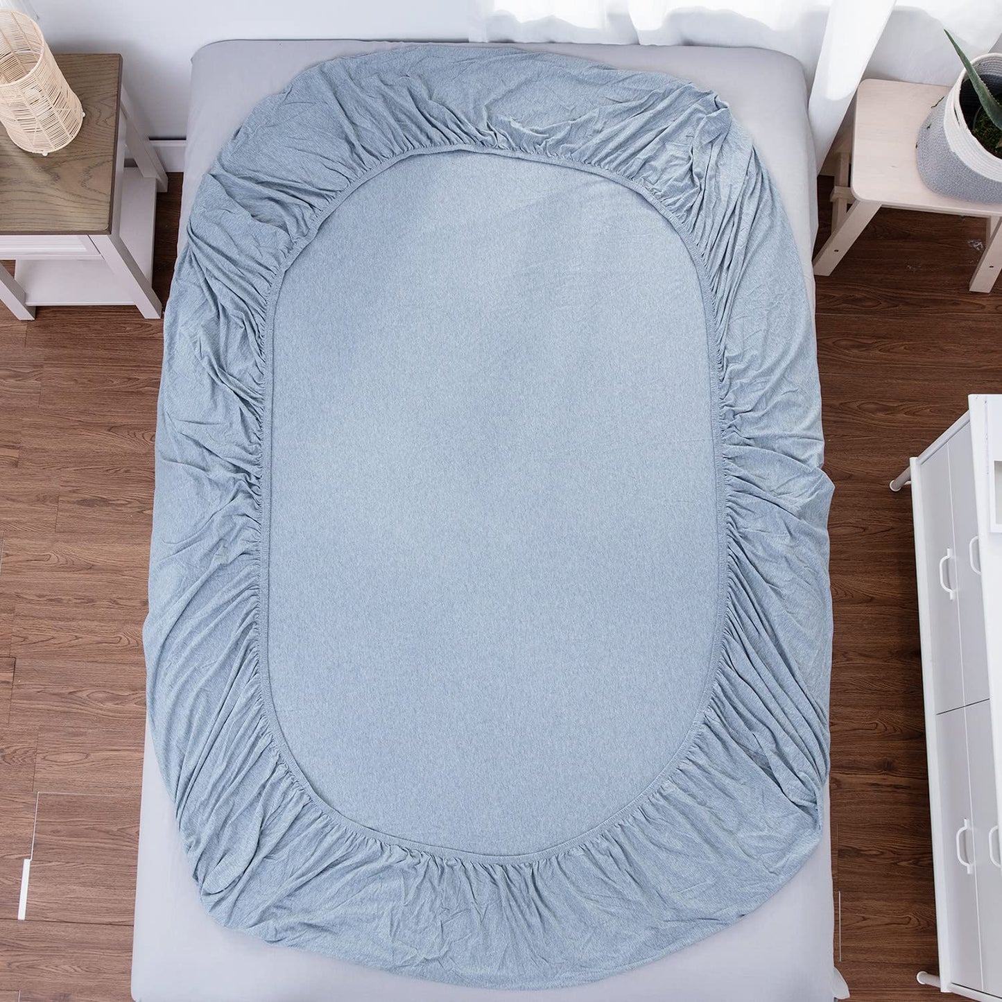 LIFETOWN 100% Jersey Knit Cotton Sheet, Extra Deep Pocket, 1 Fitted Sheet with 2 Pillowcases, Wrinkle-Free Ultra Soft (Heathered Greyish Blue, King)