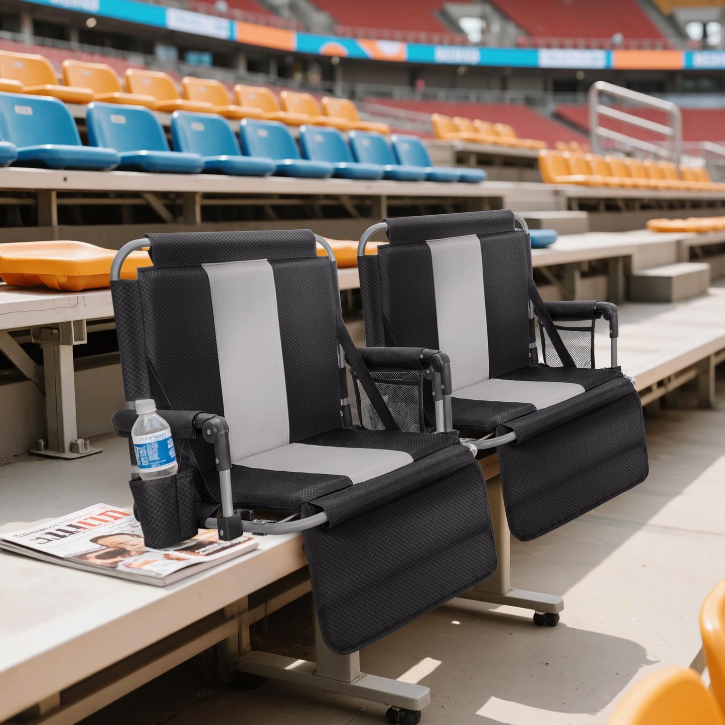 LET'S CAMP 2 Pack Folding Stadium Seats, Portable Bleacher Chairs with Comfortable Cushions, Cup Holder and Mesh Bag, Perfect for Sports Games and Outdoor Activities