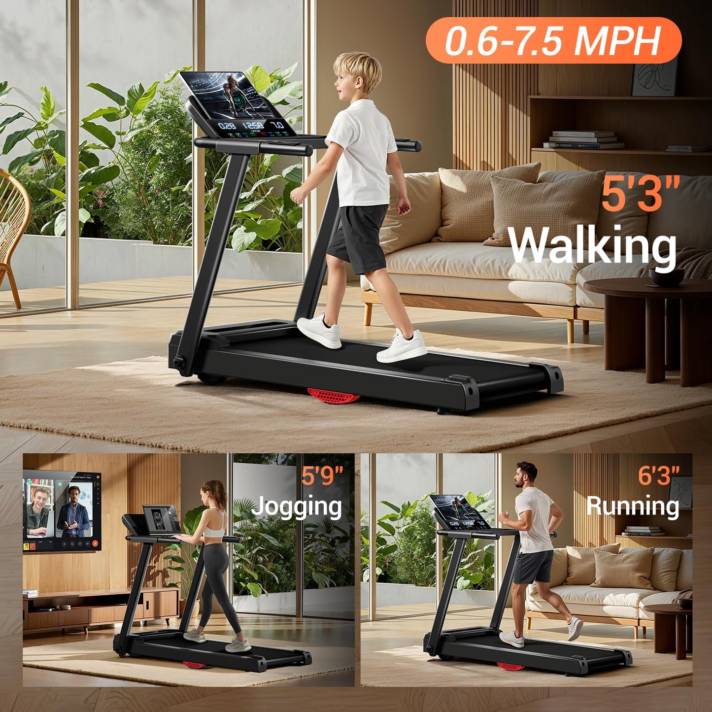LONTEK Treadmills for Home, 3.0HP Quiet Brushless Folding Treadmill with Heart Rate Sensor, Silicone Damping System, 300lbs Weight Capacity, Holder for Cup&Phone