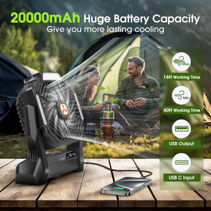 Portable Rechargeable Fan, 20000mAh Cordless Battery Powered Camping Tent Fans with LED Lantern, Small USB C Operated Outdoor Ventilador for Travel Camp Fishing Picnic Beach Office Home Essentials