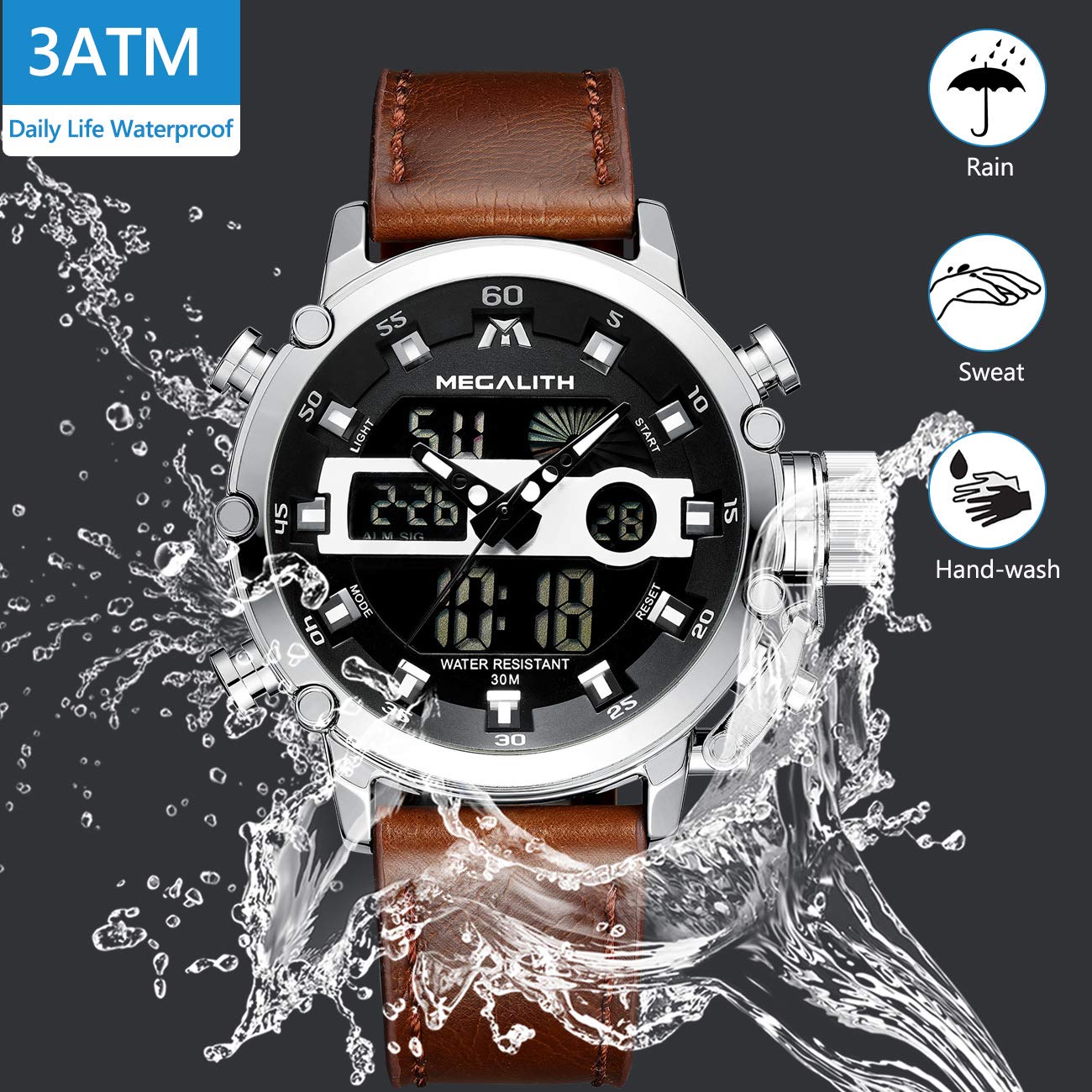 MEGALITH Mens Watches with Leather Waterproof Digital Military Sport Tactical Multifunction Heavy Duty Led Silver Watch for Men, Alarm Stopwatch