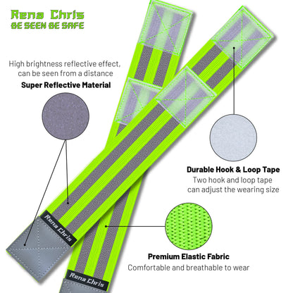 Rena Chris Reflective Running Gear, 4pcs High Visibility Reflective Arm Bands for Night Walking, Safety Running Gear with Reflective Tape for Clothing, Reflectors for Walking at Night, Running Safety Gear for Women, Man, Kids