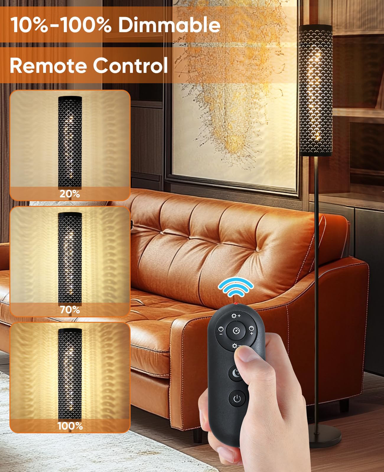 Industrial Modern Floor Lamps for Living Room, Dimmable Standing Tall Lamps Remote Control Custom Color Temperature & Brightness Lamp with Fabric Lampshade, Tall Lamps for Bedroom Office, Black