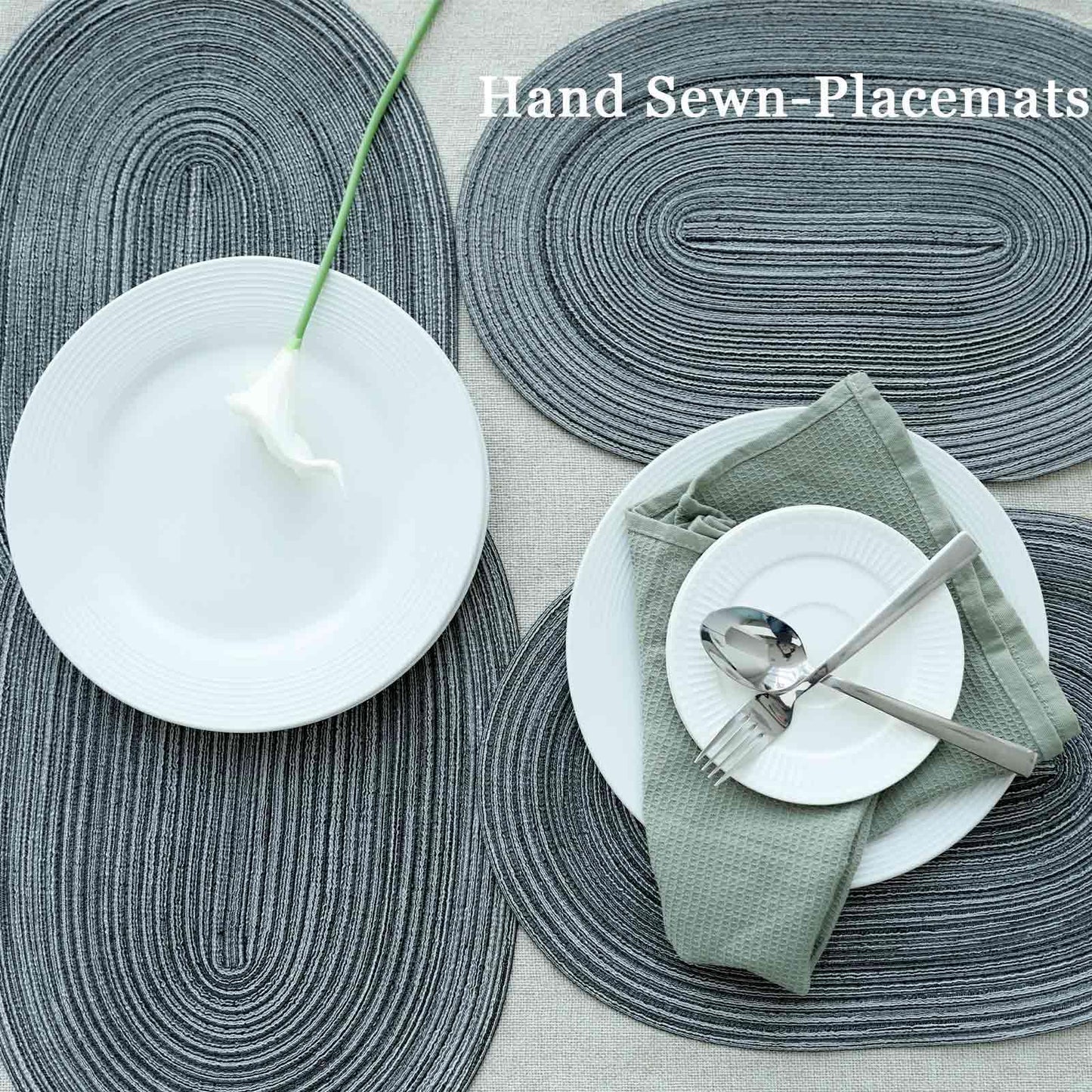 Noctiflorous Oval Braided Placemats Set of 4 Woven 12x18 Inch Non Slip Washable Heat Resistant Place Mats Tablemats for Dining Kitchen Party Daily Table Decor Dinner Mats (Black Gray, 4)