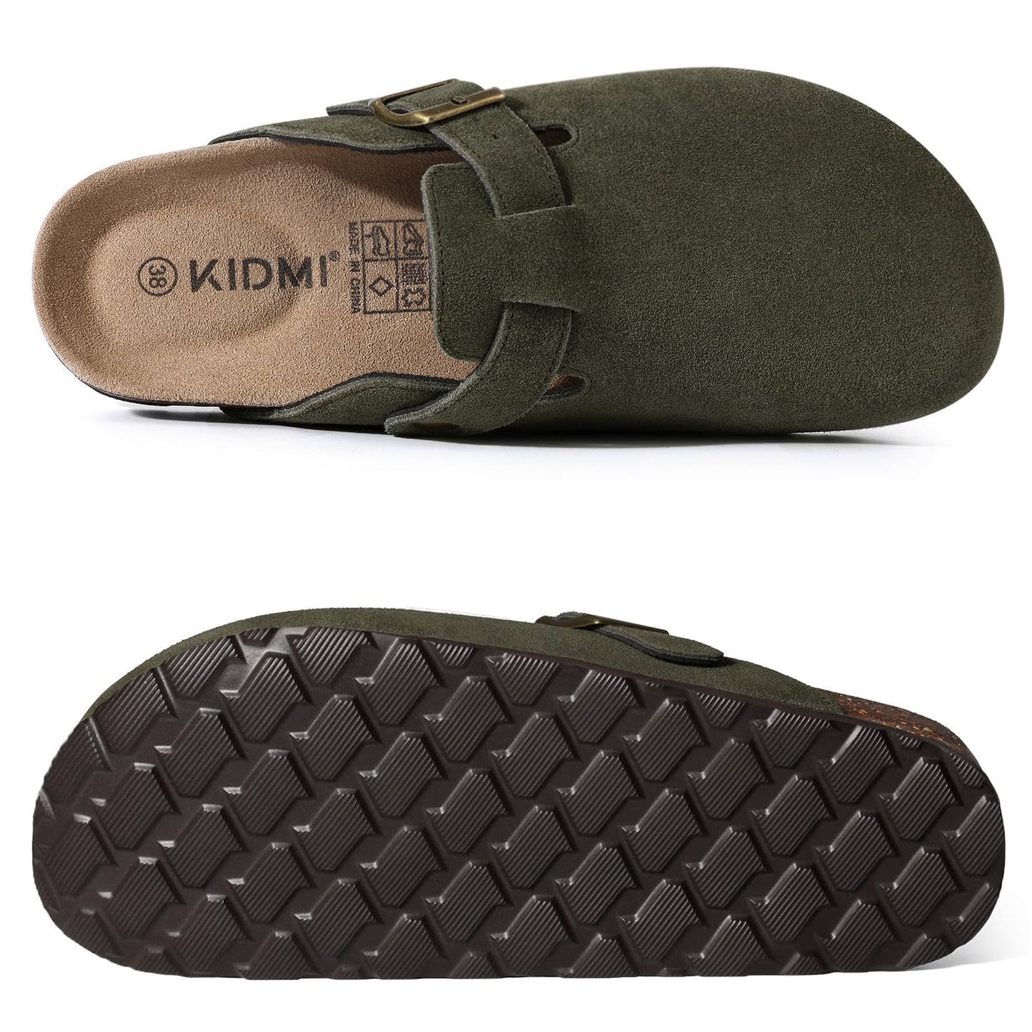KIDMI Women's Genuine Suede Clogs Cork Footbed Sandals Leather Mules Potato Shoes with Arch Support Army Green 36 (Size 5.5-6)