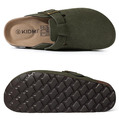 KIDMI Women's Genuine Suede Clogs Cork Footbed Sandals Leather Mules Potato Shoes with Arch Support Army Green 36 (Size 5.5-6)