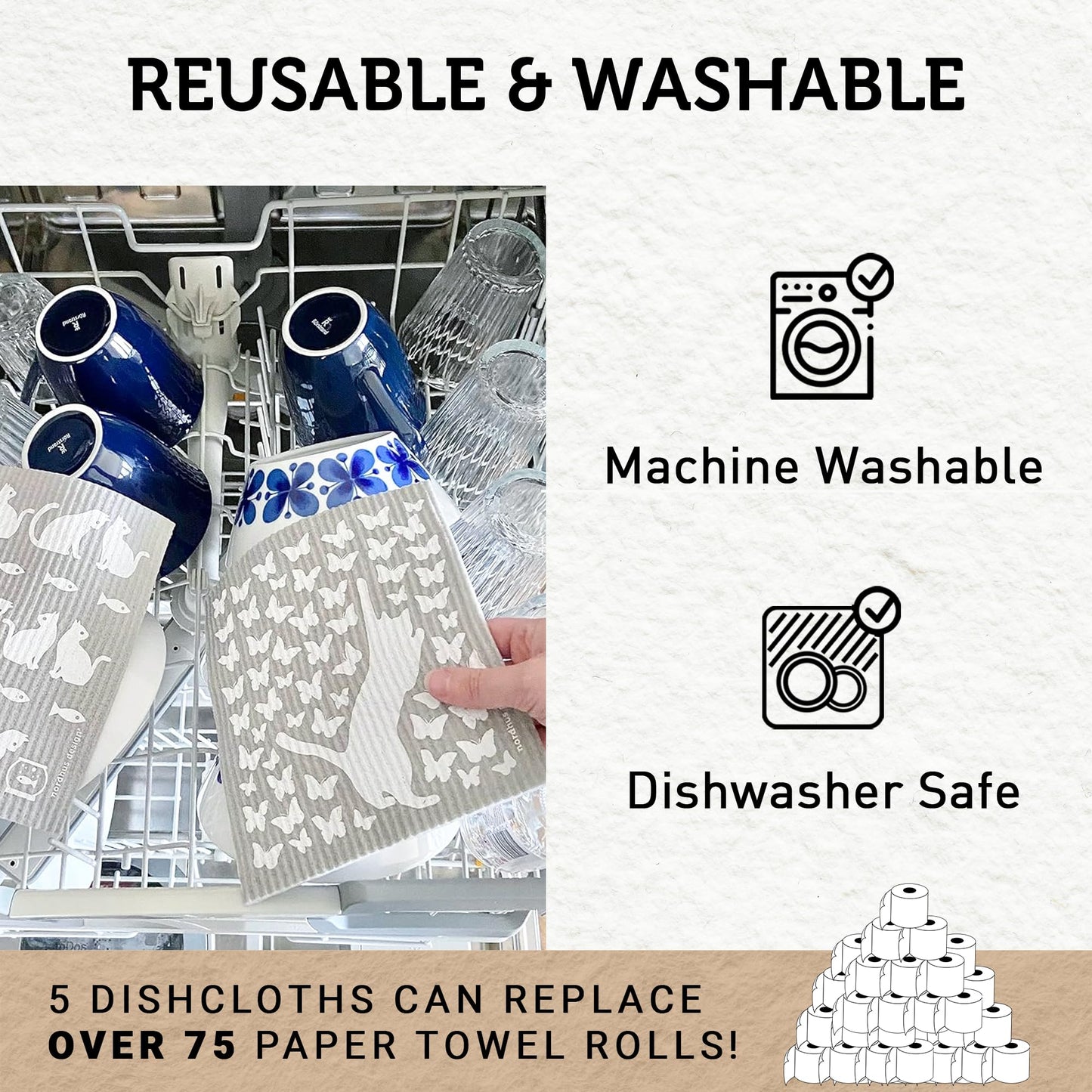 Nordhus Design Swedish Dishcloths, 5 Cat Cloths, Made in Sweden - Reusable, Washable Cellulose Cotton Kitchen Cloths - Replace Paper Towels, Wipes, Sponges, Dish Rags