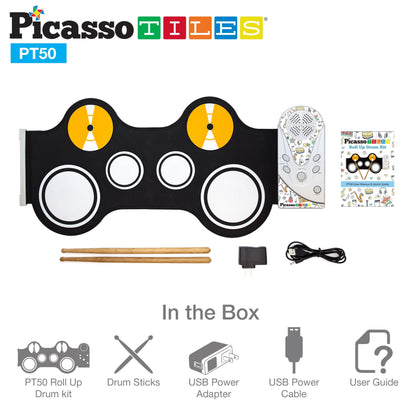 PicassoTiles Portable Roll-Up Electronic Drum Set for Kids 7 Drum Pads with Built-in Speaker Headphone Jack Recording Function Educational Demo Songs Fun Musical Toy for Boys and Girls Ages 3+ PT50