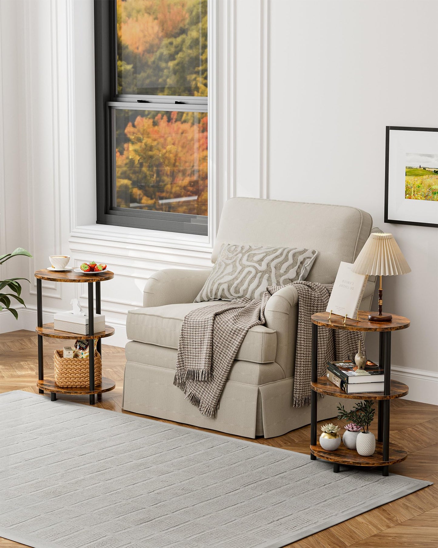 RISWER Small Round Side Table - 3-Tier Oval Accent Table for Small Spaces, Rustic Wood and Metal Couch End Table, Nightstand for Bedroom or End Table Living Room, Easy to Assemble, Rustic Brown