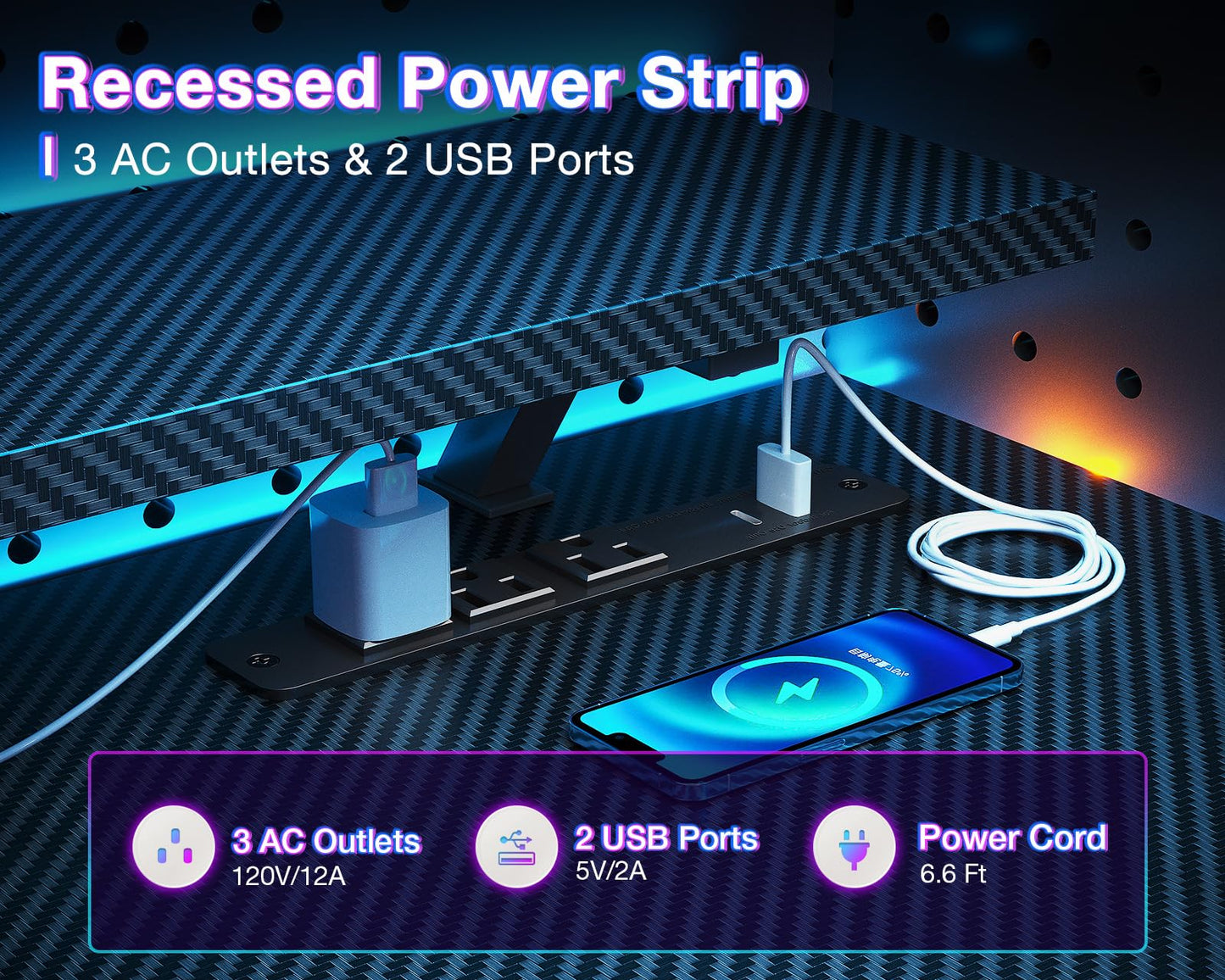 ODK Reversible Gaming Desk with USB Charging Port and LED Lights, 40 Inch Computer Desk with Storage Shelves & Monitor Stand, Study Table for Home Office, Small Space Bedroom, Carbon Fiber Black