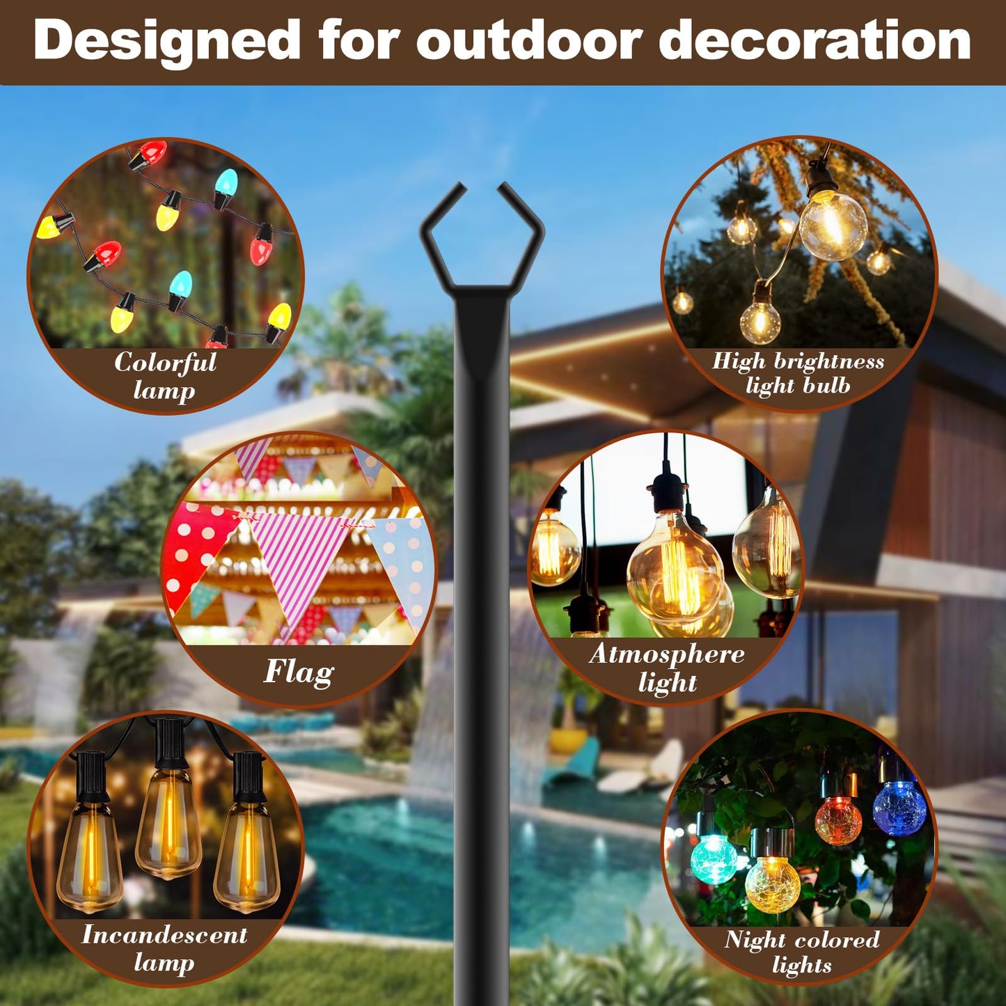 10Ft String Light Poles 4 Pack,Light Poles for Outside Lights,Outdoor with Fence Brackets Hanging Lights,Metal Stand Deck Patio Backyard