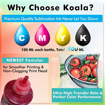 Koala Sublimation Ink Refill Bottle Compatible with ET-2720 ET-2760 ET-2800 ET-2803 ET-2850 ET-3760 WF-7710 WF-7720 C68 C88 for Heat Transfer on Mugs, Polyester Shirts, Mat, etc